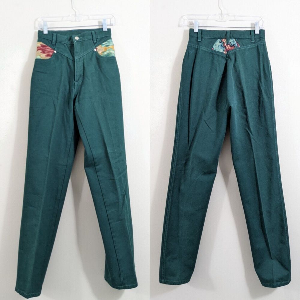 Green Denim Roper Jeans - High waisted 90s Vintage Country Western - southwest